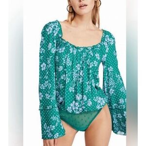 Free People One On One Date Bodysuit Bell Sleeve Emerald Green Floral M $78